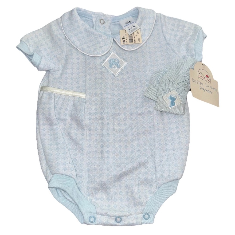 Vintage Buster Brown Boy’s 3/6 Month Blue Romper Set With Socks Embroidered NWT